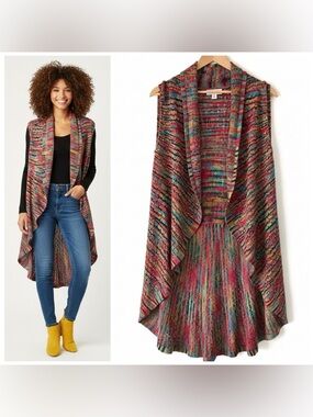 John Paul Richard Crochet Waterfall Vest Multicolor Open Front Boho Lagenlook 2X